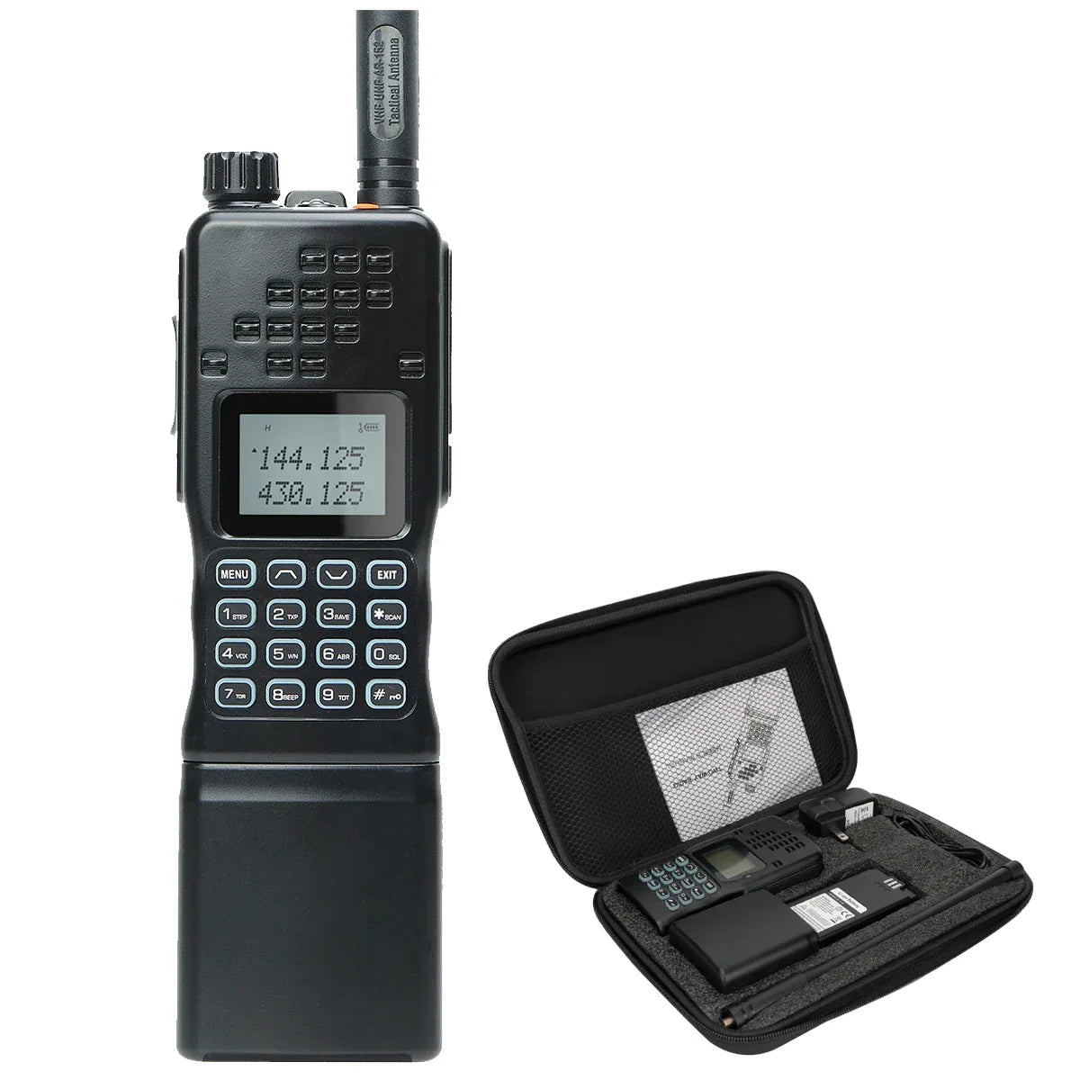 Schwarzes tragbares Funkgerät mit Display und Tastatur, inklusive Schutztasche und Zubehör.