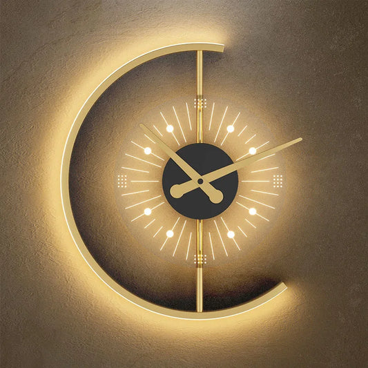 Moderne Wanduhr LED Beleuchtung, goldfarben, kreisförmiges Design, dekorativ, Wohnzimmer.