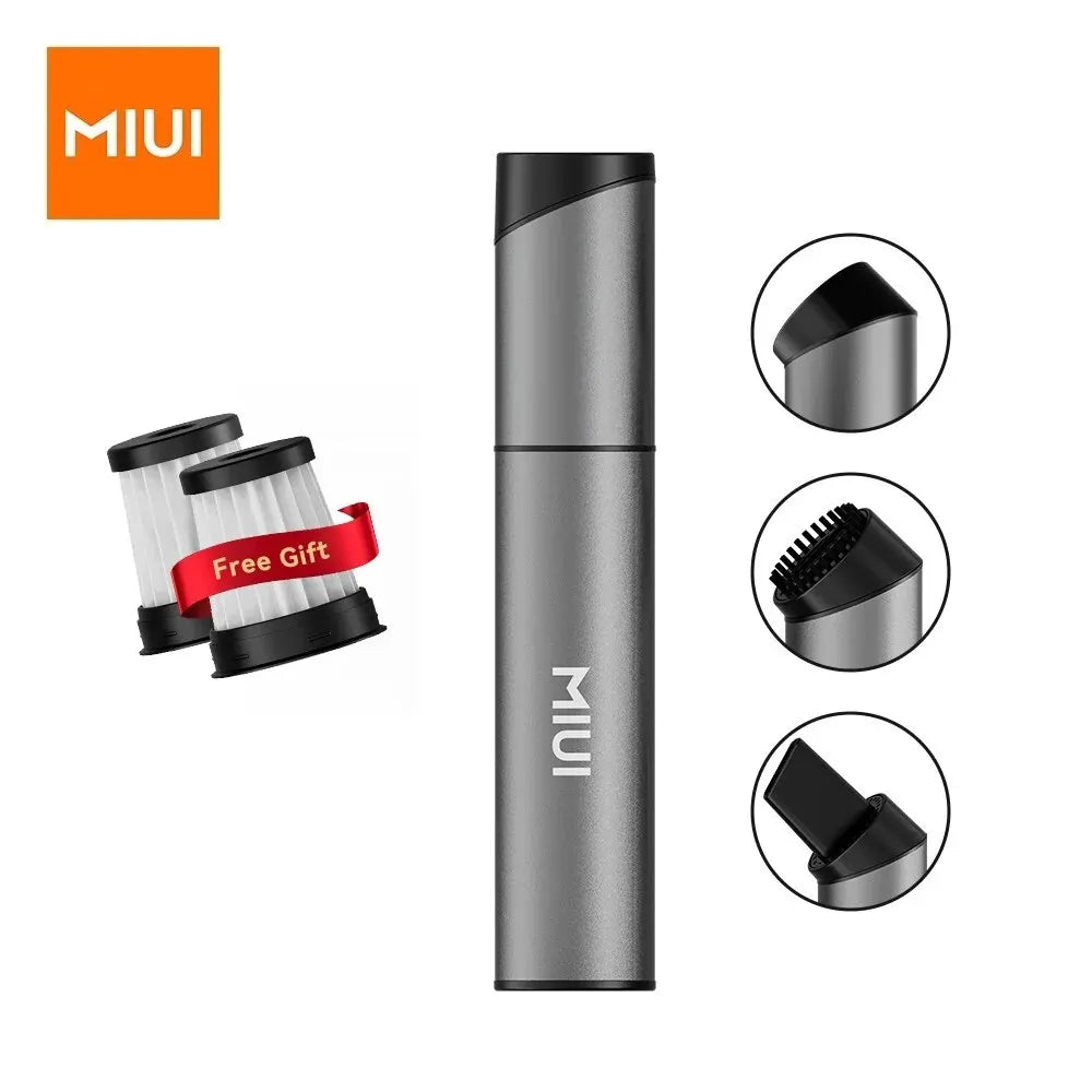 MIUI tragbarer Staubsauger, grau, mit Zubehör, kompakt, kabellos, ideal für Auto und Haushalt.