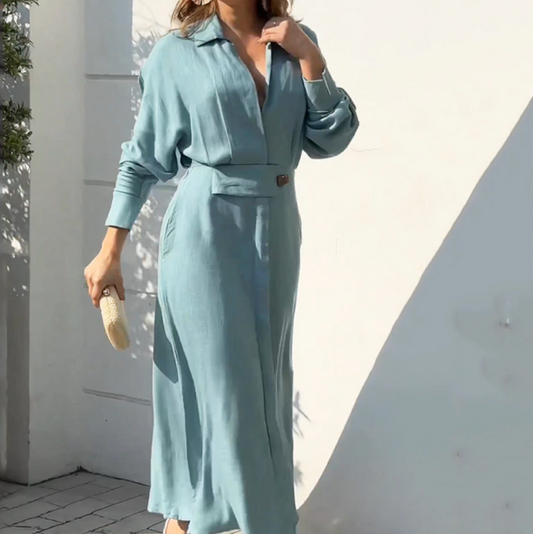 Hellblaues Sommerkleid mit Taillengürtel und langen Ärmeln – Fay