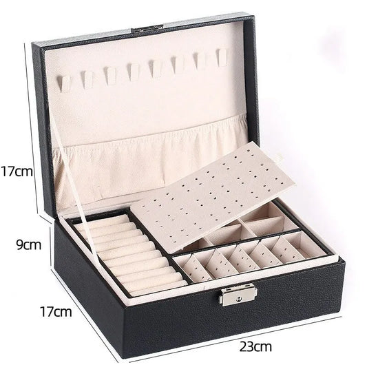 Schwarze Schmuckbox aus Leder mit Fächern und Ringhaltern, 23x17x9 cm, Organizer für Schmuck.