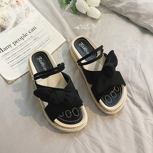 Schwarze Damen-Sandalen mit Schleife, flach, Sommermode, rutschfest, bequem, elegant.