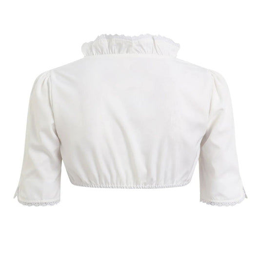 Weiße Damenbluse mit Rüschenkragen, halblangen Ärmeln, Spitzenbesatz, elegant, Baumwolle.
