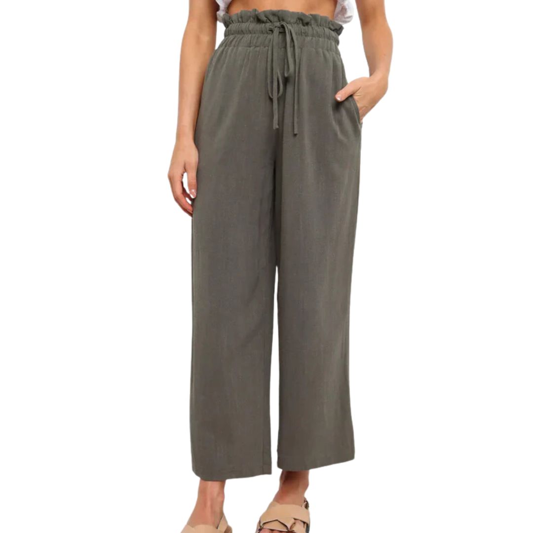 Damenhose mit weitem Bein, olivgrün, hoher Bund, Kordelzug, lässig, bequem, Sommermode.