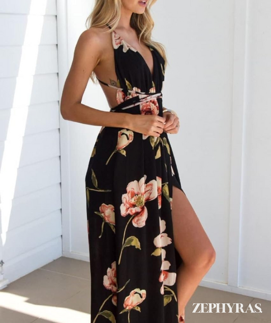 Schwarzes Sommerkleid mit Blumenmuster und lockerem Schnitt – Mayra