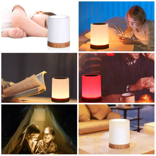 LED-Nachtlicht mit Holzsockel, dimmbar, warmweiß, ideal für Schlafzimmer, Kinderzimmer, Lesen.