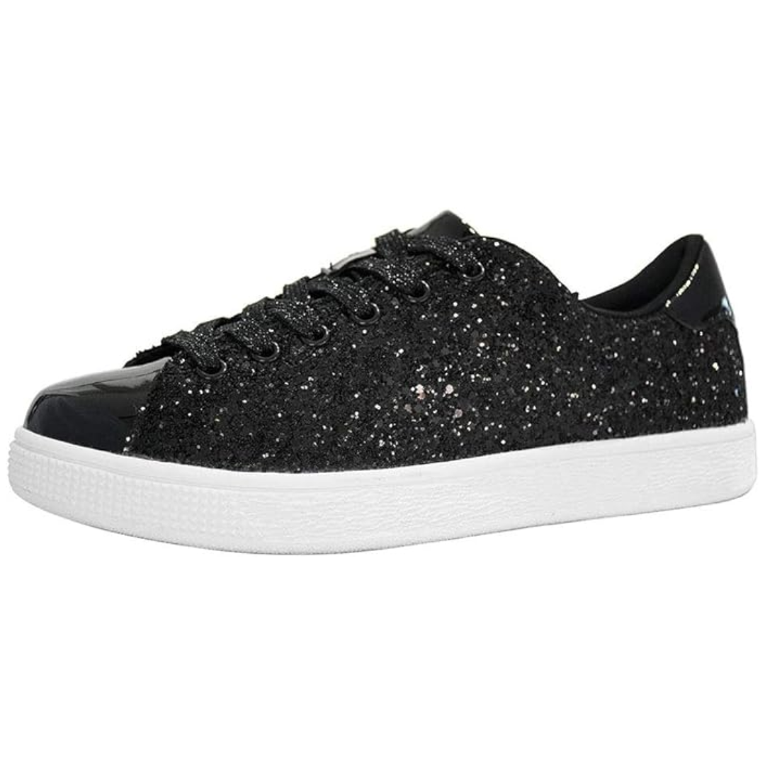 Schwarzer Glitzer-Sneaker mit weißer Sohle, Damenmode, modische Freizeitschuhe.