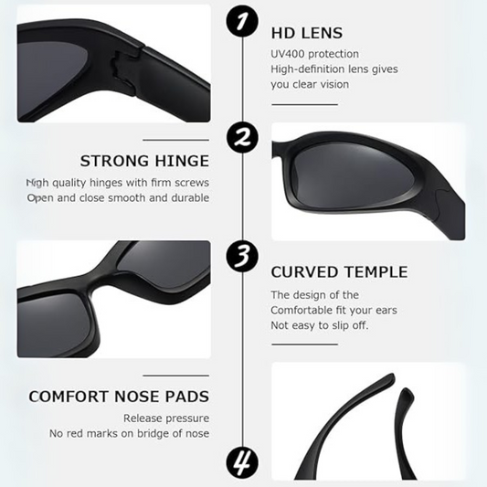 Schwarze Sonnenbrille mit UV400-Schutz, starken Scharnieren, gebogenen Bügeln, Komfort-Nasenpads.