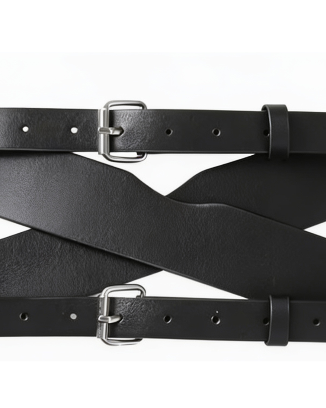 Nahaufnahme der genarbten schwarzen Oberfläche mit Metallschnallen, Lochung und Riemenhaltern der gekreuzten Bänder 6
