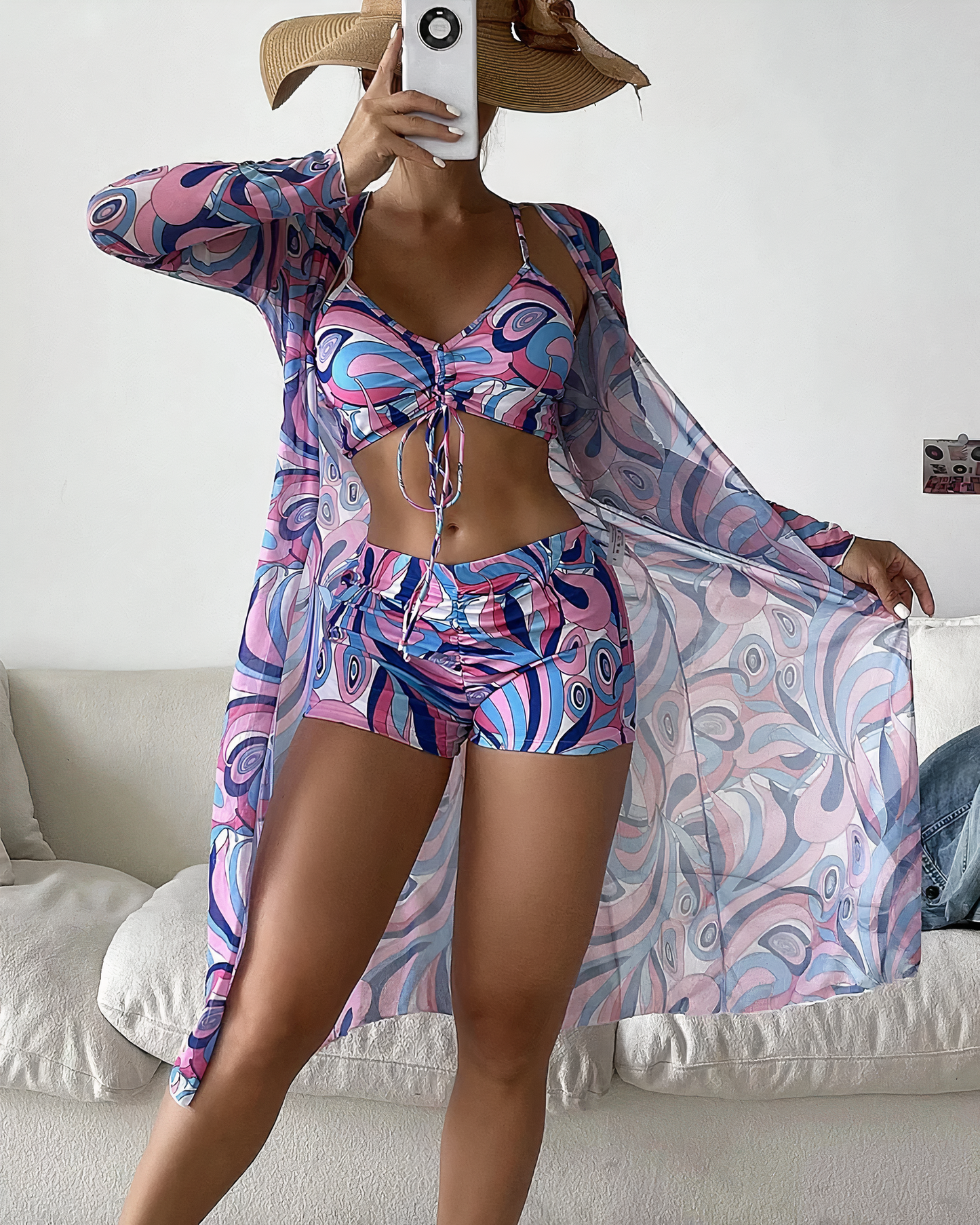 Dreiteiliges Bikini-Set mit hoher Taille und Bindeband – Marisse