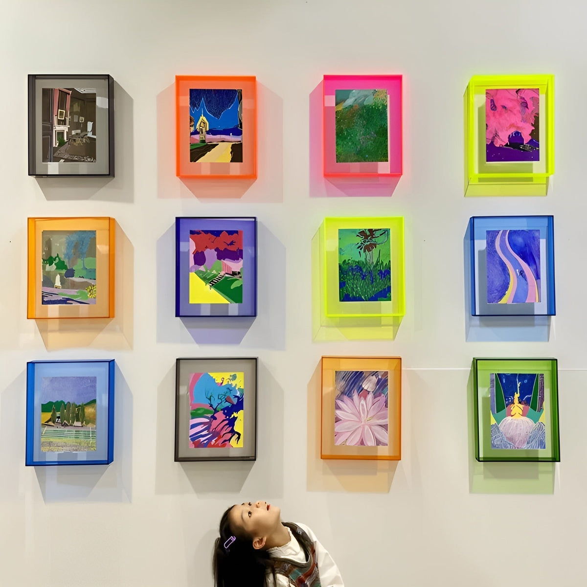 Wand mit zwölf bunten, transparenten Acrylrahmen in Neonfarben, jeweils mit einem Kunstdruck, darunter schaut ein Mädchen nach oben. 22