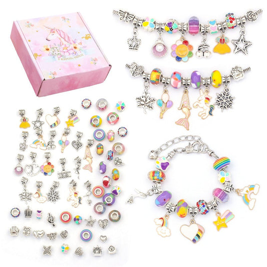 Armband-Set für Mädchen, bunte Perlen und Anhänger, DIY Schmuck, Geschenkbox, Einhorn-Design.