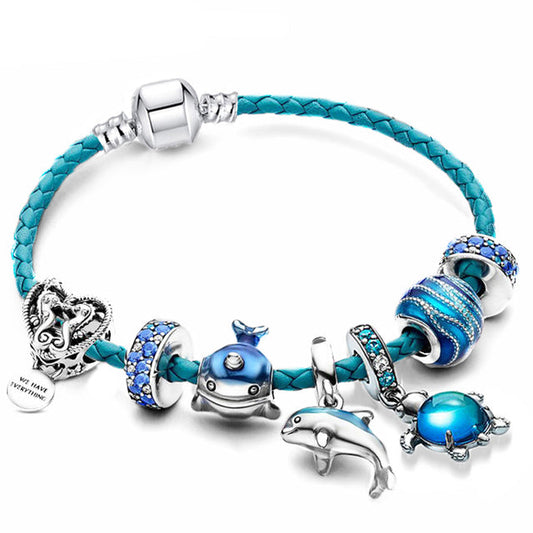 Blaue Damenarmband mit Meeresanhängern, Delfin, Wal, aus Silber, modisch, Schmuck.