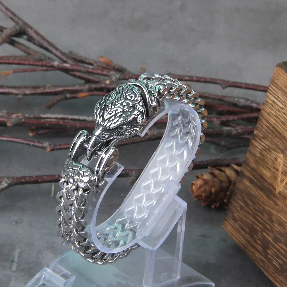 Silbernes Wikinger-Armband mit Wolfskopf-Design, Edelstahl, Herren-Schmuck, Geschenkidee.
