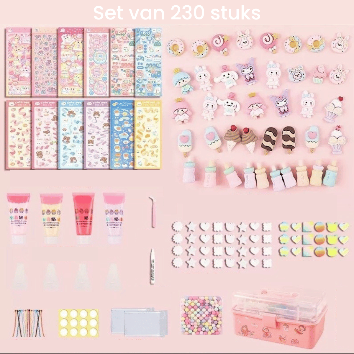 Set mit 230 Stück: Bunte Schreibwaren, Aufkleber, Radiergummis, Stifte, Box, ideal für Kinder.