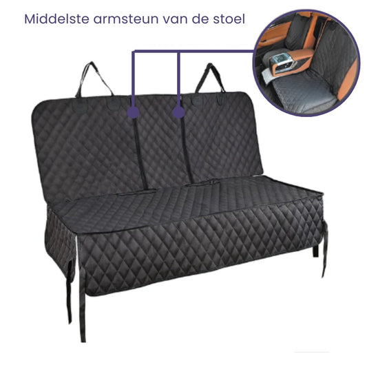 Schwarzer, gesteppter Autositzbezug, wasserdicht, mit mittlerer Armlehnenöffnung.