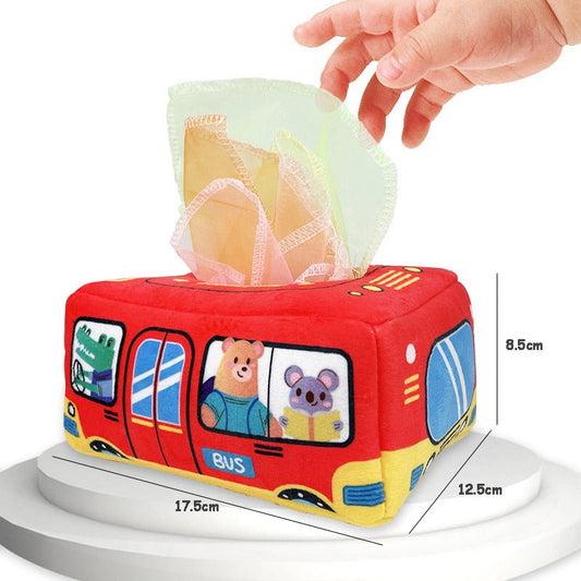 Rotes Babyspielzeug Bus, Stoff, 17.5x12.5x8.5cm, mit Tüchern, pädagogisch, Kleinkind.