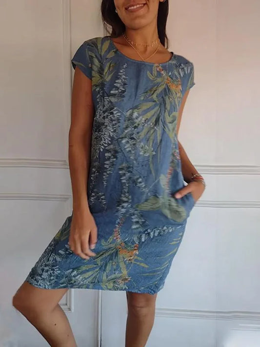 Bedrucktes Kleid | Rundhalsausschnitt | Knielang | Locker | Ärmellos-Blau-S-Luzern Mode