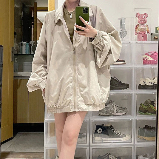 Damen Oversize Windjacke beige, lässig, Reißverschluss, modisch, Freizeitkleidung, Streetwear.