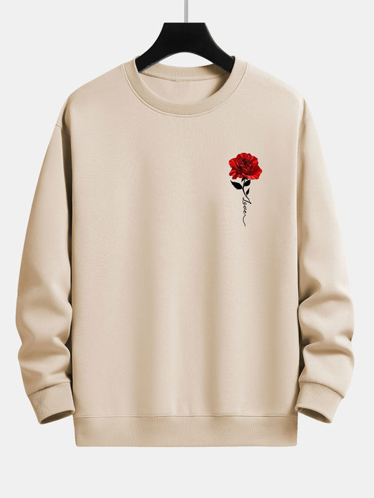 Beiger Pullover mit rotem Rosenmotiv, Unisex, Baumwolle, lässiger Stil, modisches Design.