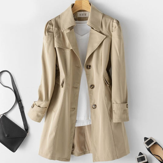 Beige Damen-Trenchcoat, knielang, mit Knöpfen, ideal für Frühling, modisch und vielseitig.