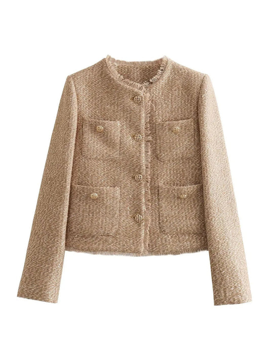 Beige Damen Tweed-Jacke, Knöpfe, Taschen, elegant, modisch, Herbstmode, klassisch.