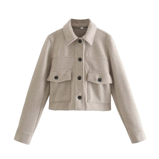 Beige Damenjacke aus Wolle, Knopfleiste, Taschen, Herbstmode, stilvoll und warm.