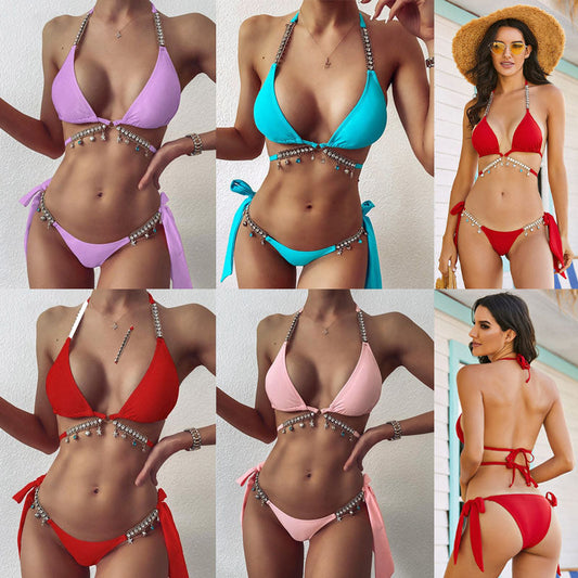Frauen-Bikini-Set, mehrfarbig, mit Perlen, modisch, Strandmode, Sommer, Damen-Bademode.