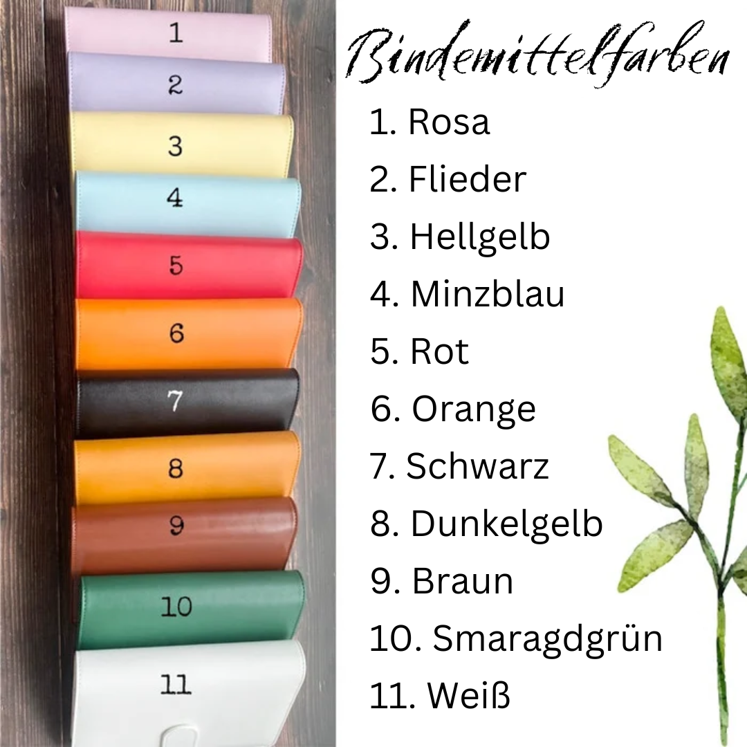 Farbpalette mit 11 Bindemittelfarben, nummeriert, von Rosa bis Weiß, auf Holzuntergrund.