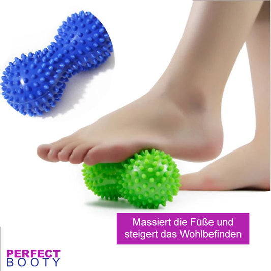 Blauer und grüner Spiky-Massageball aus PVC für Stressabbau und Fußmassage.