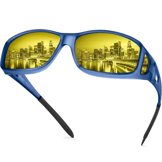 Blaue Nachtsichtbrille mit gelben Gläsern, Stadtreflexion, UV-Schutz, Autofahren.