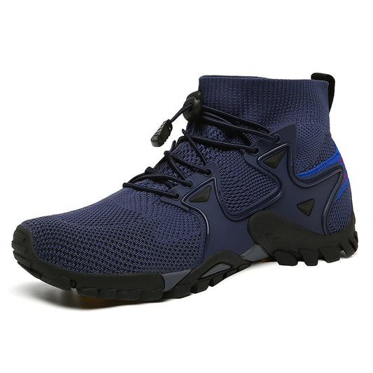 Dunkelblauer Wanderschuh, atmungsaktiv, rutschfeste Sohle, ideal für Outdoor-Aktivitäten.