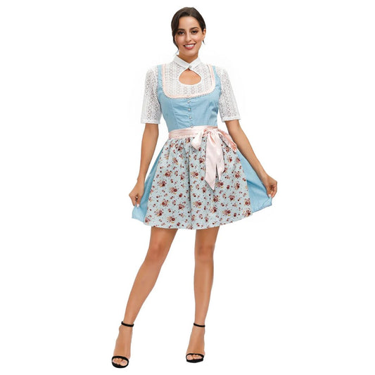 Damen-Dirndl blau-weiß, florales Muster, Spitzenärmel, rosa Schürze, traditionelles Oktoberfest.