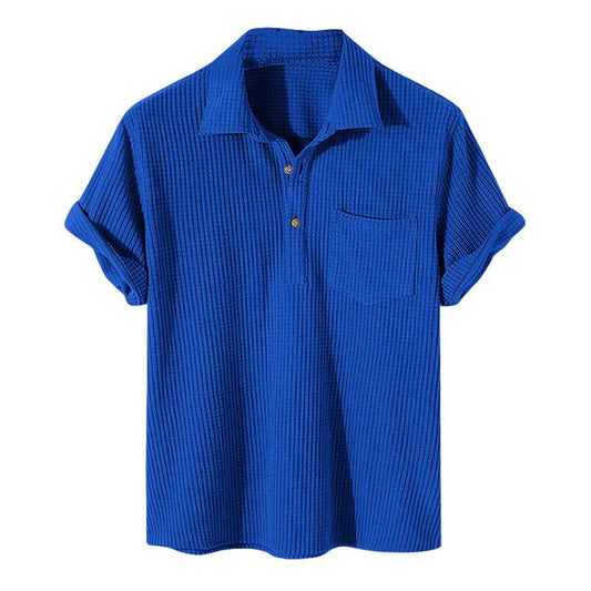 Blaues Herren-Poloshirt, kurzärmelig, Baumwolle, geripptes Design, modisch, bequem.