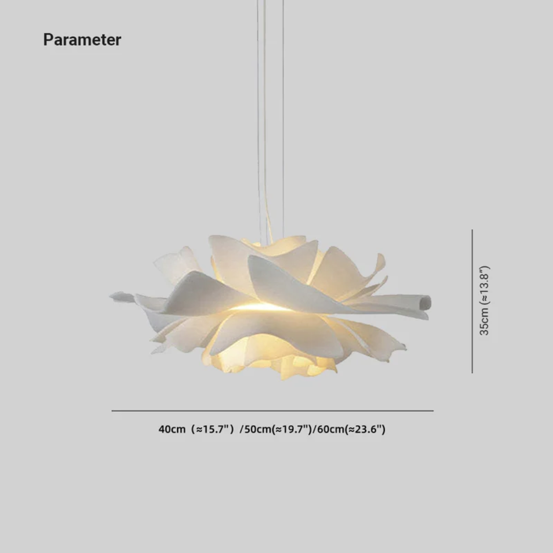 Moderne weiße Pendelleuchte, blütenförmig, 40-60 cm, für Wohnzimmer oder Esszimmer.