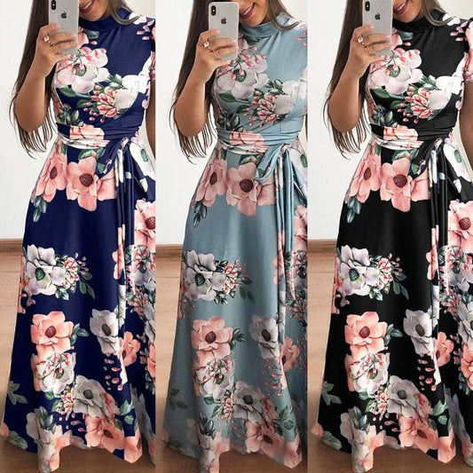 Damen Maxikleid mit Blumenmuster in Blau, Grau und Schwarz, ärmellos, elegantes Design.