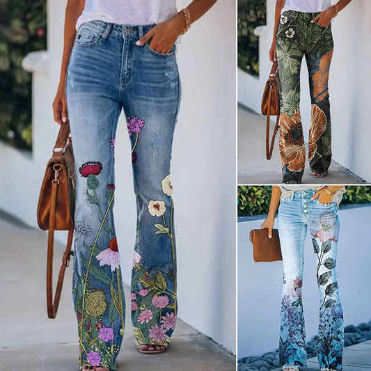 Damen-Jeans mit Blumenmuster, blau, ausgestellter Schnitt, modisch, Freizeitkleidung.
