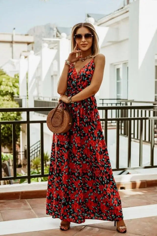 Maxikleid Damen Sommer | Blumenmuster | Boho Stil | Luftig | Verstellbare Träger-Rot-S-Ja-Luzern Mode