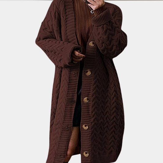 Brauner Strick-Cardigan mit Knöpfen, Damenmode, Herbst-Winter, gemütlich, langärmelig.