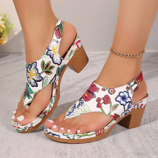 Sandalen Damen | Blumenmuster bunt | Blockabsatz mittelhoch | dicke Sohle | bequem-Luzern Mode