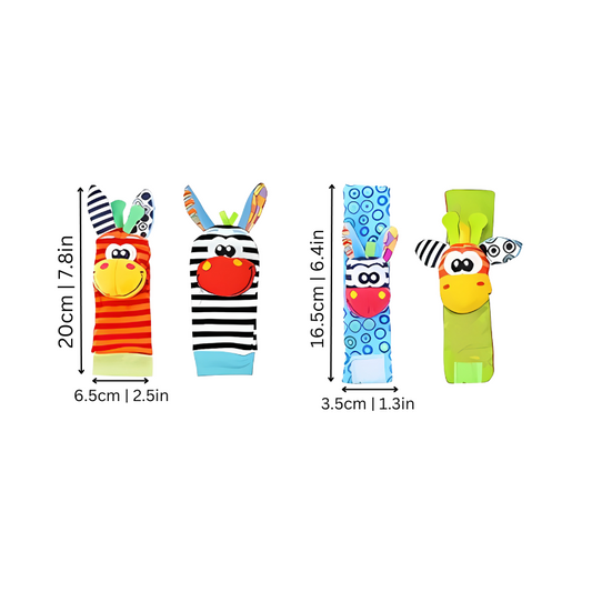 Bunte Baby-Rasselsocken mit Tiermotiven, gestreift, 20cm und 16,5cm, weiches Material.