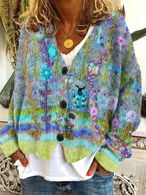 Farbiger Damen-Strickcardigan mit Blumenmuster, Knöpfen, V-Ausschnitt, lässig, modisch.