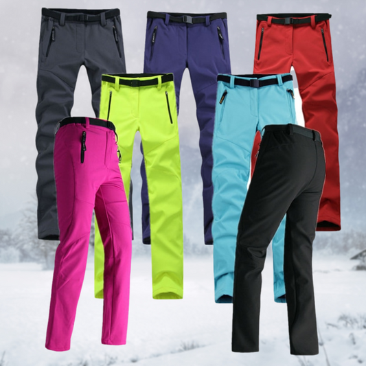 Bunte Wanderhosen für Damen, wasserabweisend, mit Reißverschlusstaschen, ideal für Outdoor-Aktivitäten.