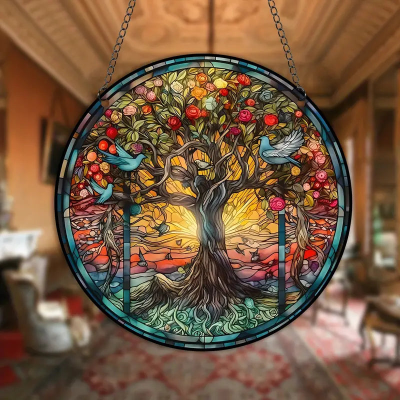 Rundes Buntglasfenster mit Baum, Vögeln und Sonnenuntergang, dekorative Kunst, Wohnzimmer.