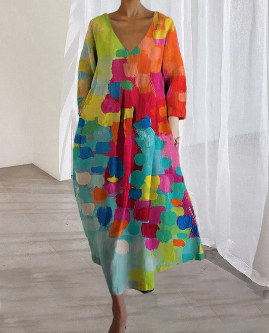 Buntes Damenkleid mit abstraktem Muster, V-Ausschnitt, langärmelig, knielang, Freizeitmode.