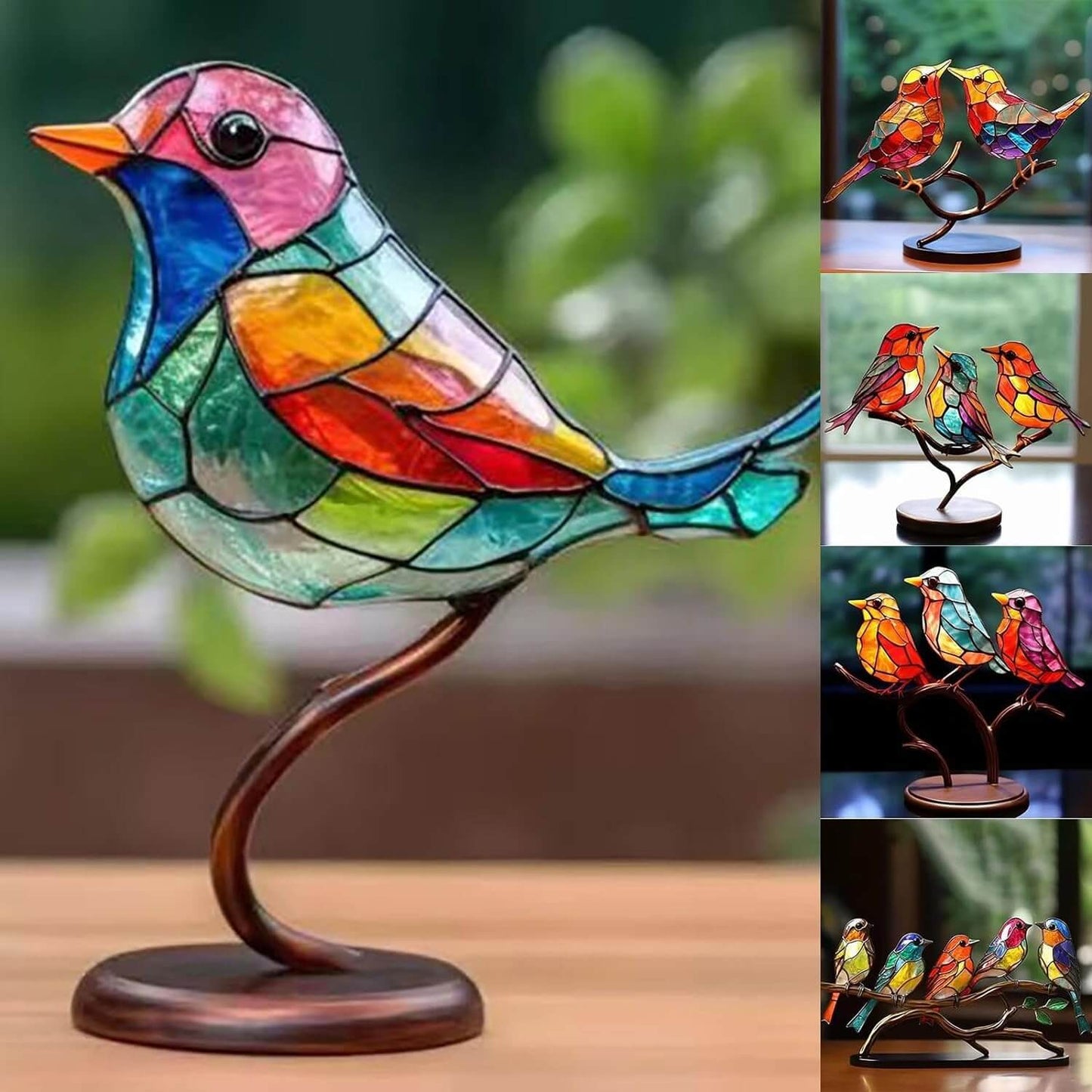 Buntes Glasvogel-Ornament auf Holzsockel, dekorative Skulptur, handgefertigt, Wohnzimmerdeko.