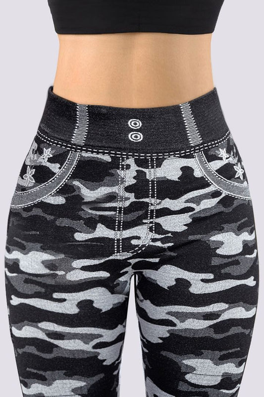 Damen Leggings Camouflage-Muster, hohe Taille, schwarz-grau, Sportmode, bequem, elastisch.