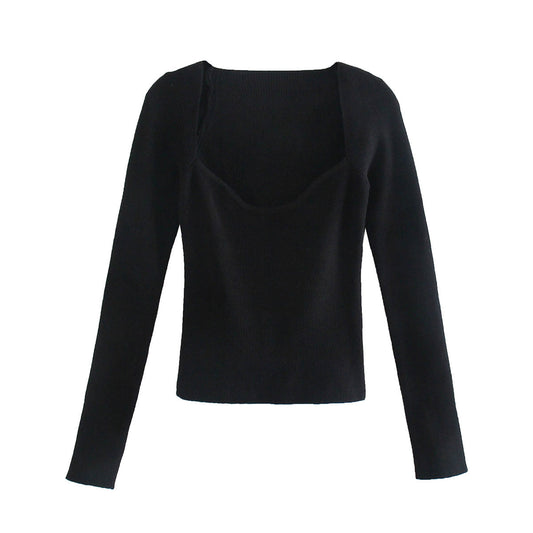 Schwarzes Damen-Slimfit-Top, langärmelig, quadratischer Ausschnitt, elegantes Design.