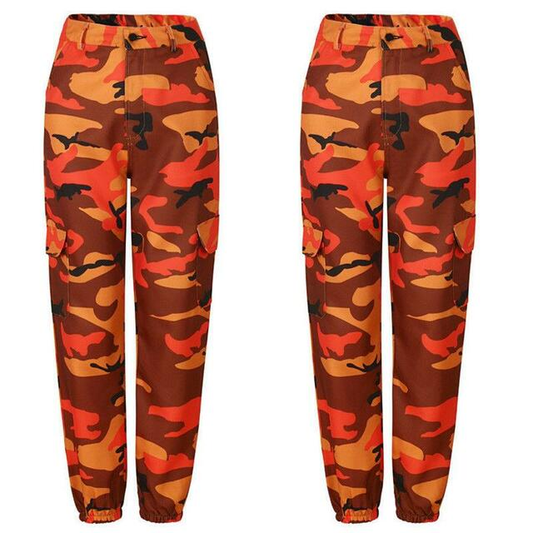 Orange-braune Camouflage-Cargohose, Herrenmode, Freizeitkleidung, elastischer Bund, Taschen.