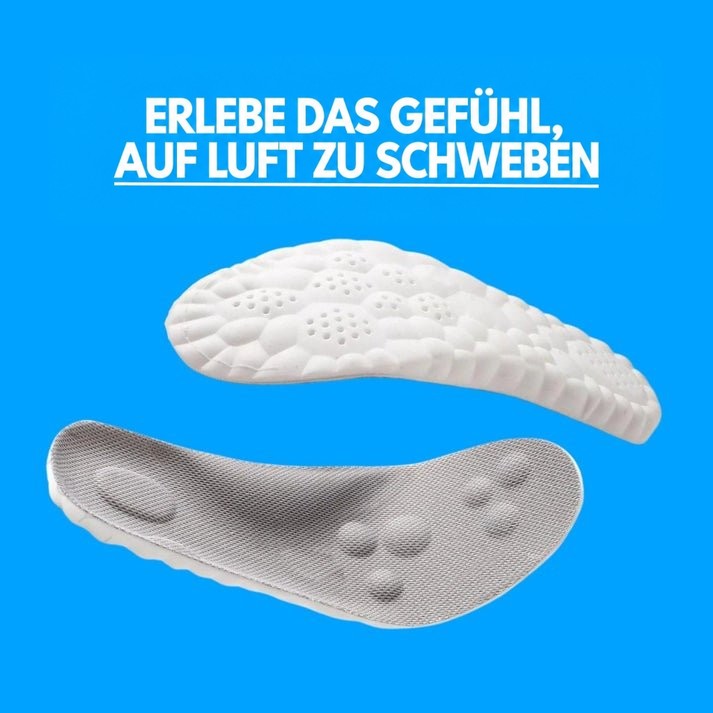 Zwei Einlagen von oben und unten gezeigt: weiße Unterseite mit Lochmuster, graue Oberseite mit Noppen, auf blauem Hintergrund mit Werbetext. 8